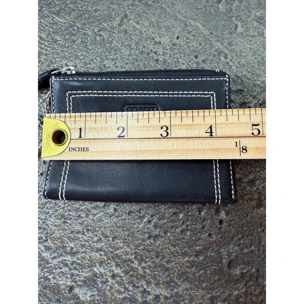 Coach Black Leather Mini Coin/Key Pouch White Stitching Key Ring Wallet